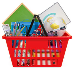 shopping bin filled with school supplies