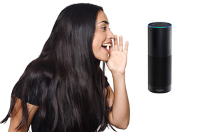 woman talking to Alexa