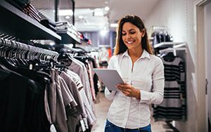 young woman in clothing store looking at tablet