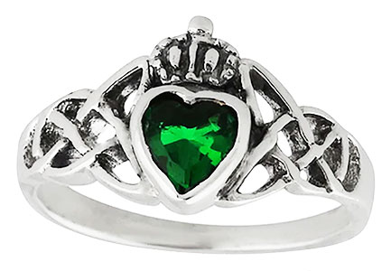 Sterling Silver Claddagh Ring with Emerald Heart