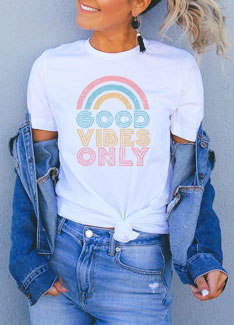 girl wearing Good Vibes t-shirt