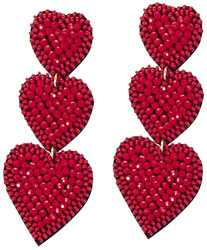Triple Red Beaded Heart Earrings