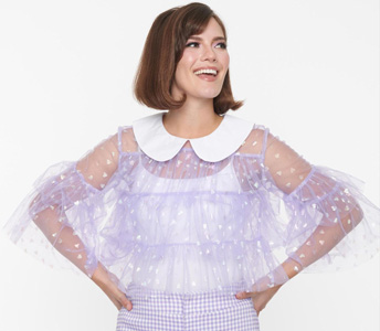 Smak Parlour Lavender Iridescent Hearts Mesh Ruffle Top