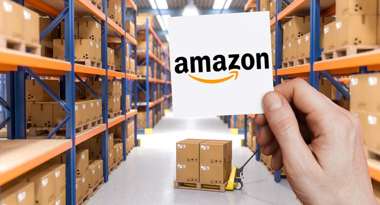 Amazon logo in a warehouse