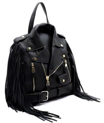 Black Moto Jacket Fringe Backpack